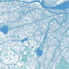 Map of Brookline in Massachusetts in a professional blue style. Contains layered vector with roads water, parks, etc.