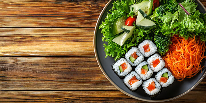 Fresh Sushi Platter with Vegetables and Chopsticks on Rustic Background