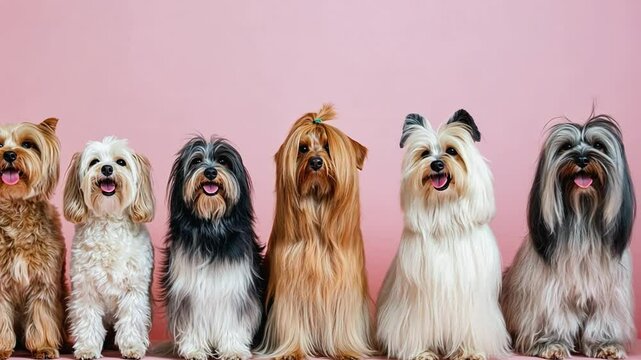 Adorable group of fluffy dogs sitting on a pink background. Dog haircut concept. Grooming