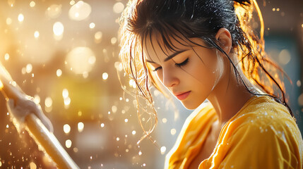 Banner featuring young character contemplating under shower of raindrops, symbolizing self-discovery and renewal amid golden hues