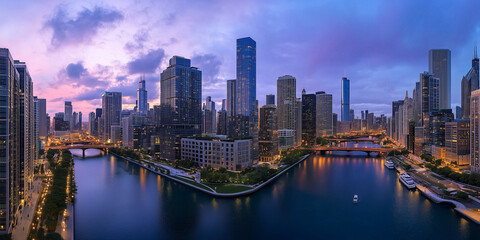 Fototapeta premium Modern City Skyline with Office Buildings and Drone View at Sunset