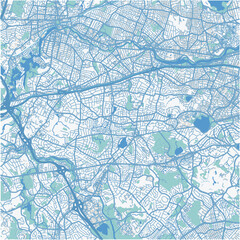 Map of Newton in Massachusetts in a professional blue style. Contains layered vector with roads water, parks, etc.