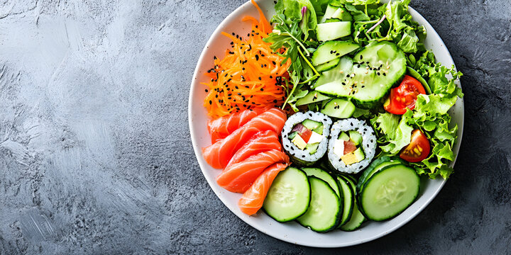 Fresh Sushi Platter with Vegetables and Chopsticks on Rustic Background