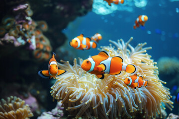 Fantastically beautiful bright clownfish swims in deep sea among corals