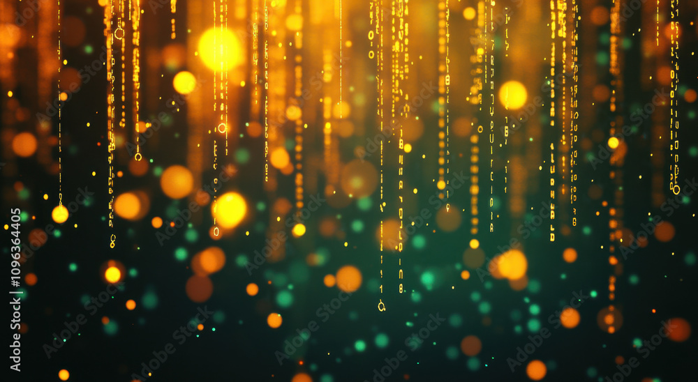 Poster abstract background of glowing golden particles and binary code on dark green, yellow, and orange co