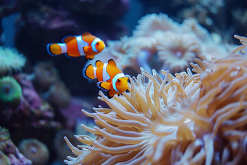 Fantastically beautiful bright clownfish swims in deep sea among corals