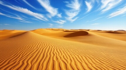 Vast sandy desert landscape with sweeping dunes under a clear and endless sky