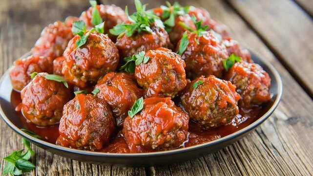 Chef presenting delicious italian meatballs covered in tomato sauce