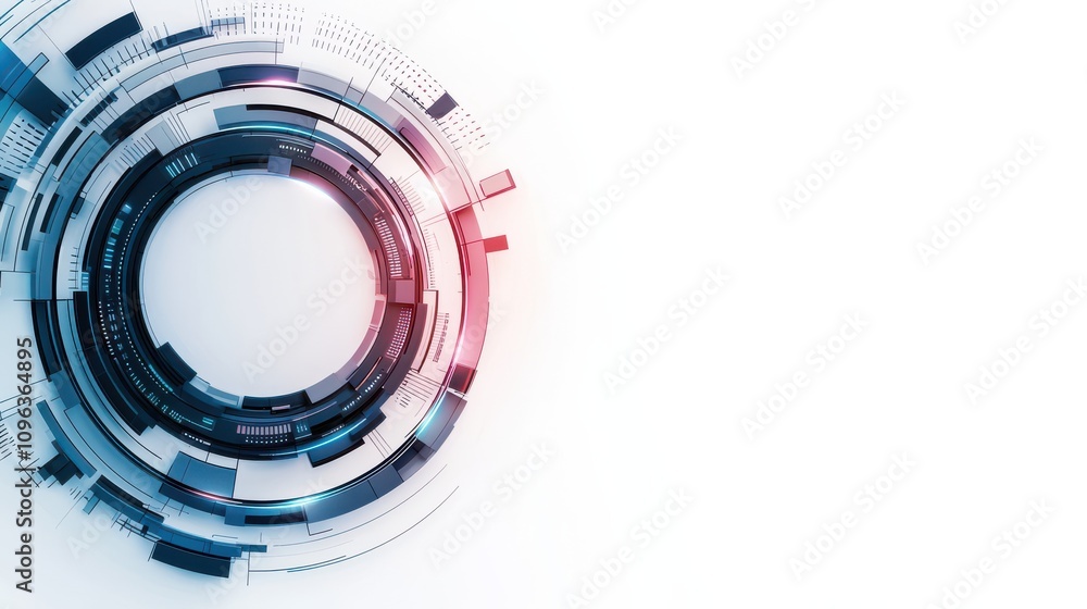 Poster a futuristic circular design featuring layered patterns and a blend of colors, set against a minimal