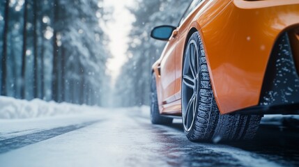 Obraz premium A car is parked on a snowy road with a snowy background