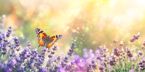 Butterfly on Lavender Flowers in Soft Sunlight