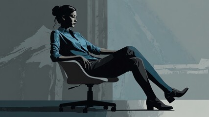 a silhouette of a woman seated with legs bent in blue and gray colors, her figure outlined against a soft, muted backdrop