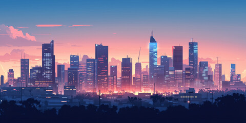 Naklejka premium Modern City Skyline with Office Buildings and Drone View at Sunset