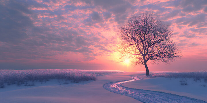 Snowy Winter Landscape with Tree at Sunrise