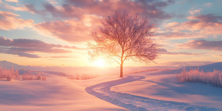 Snowy Winter Landscape with Tree at Sunrise