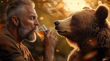 Banner with man and bear sharing drink at sunset surrounded by warm golden hues and settling leaves imagery