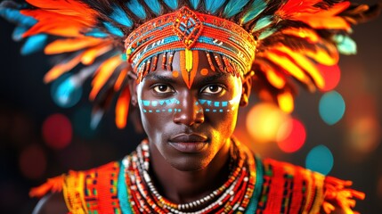 A striking portrait of a man adorned with vibrant tribal attire, feathers, and face paint, showcasing cultural heritage against a colorful backdrop.