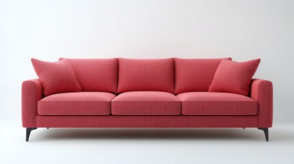 Modern red sofa featuring plush cushions and sleek legs, showcased against a clean white background for a minimalist aesthetic.