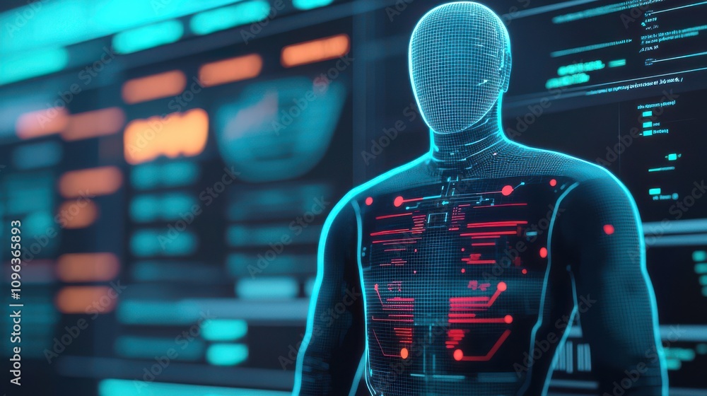 Poster a futuristic humanoid figure with a digital interface, showcasing advanced technology and data visua