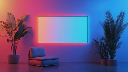 Modern interior with vibrant lighting and plants.