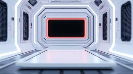 A futuristic hallway with sleek white walls, illuminated by soft neon lights, leading to a dark rectangular screen.