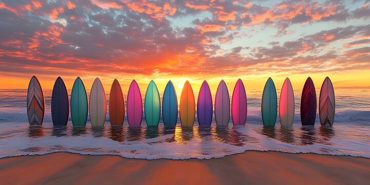Surfboards Lined Up on Beach at Sunset