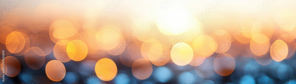 Poster a soft-focus image featuring colorful bokeh lights blending orange and blue hues, creating a warm an