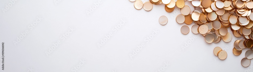 Poster a collection of shiny coins scattered on a light background, creating a visually appealing and minim
