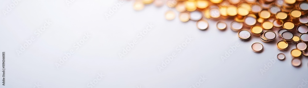 Poster a close-up view of shimmering golden beads scattered on a light surface, creating an elegant and spa