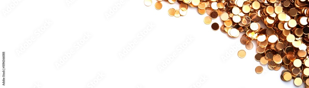 Poster a close-up view of shimmering gold coins scattered on a white background, creating a sense of wealth