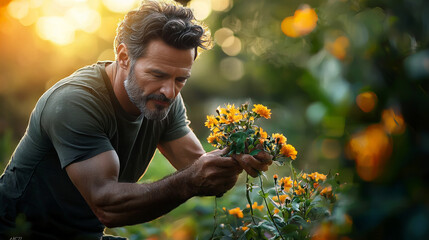 Vibrant Gardening Passion Banner Depicting Mature Man Tending Blooming Flowers Amidst Lush Greenery In Warm Sunlight