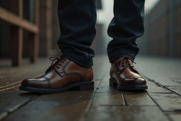 Businessman wearing stylish brown leather shoes standing on pavement