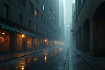 Fototapeta premium Wet asphalt reflecting street lights on a foggy night in a dark city street