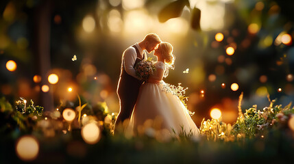 Banner with romantic couple embracing surrounded by glowing lights in a warm garden setting during golden sunset background