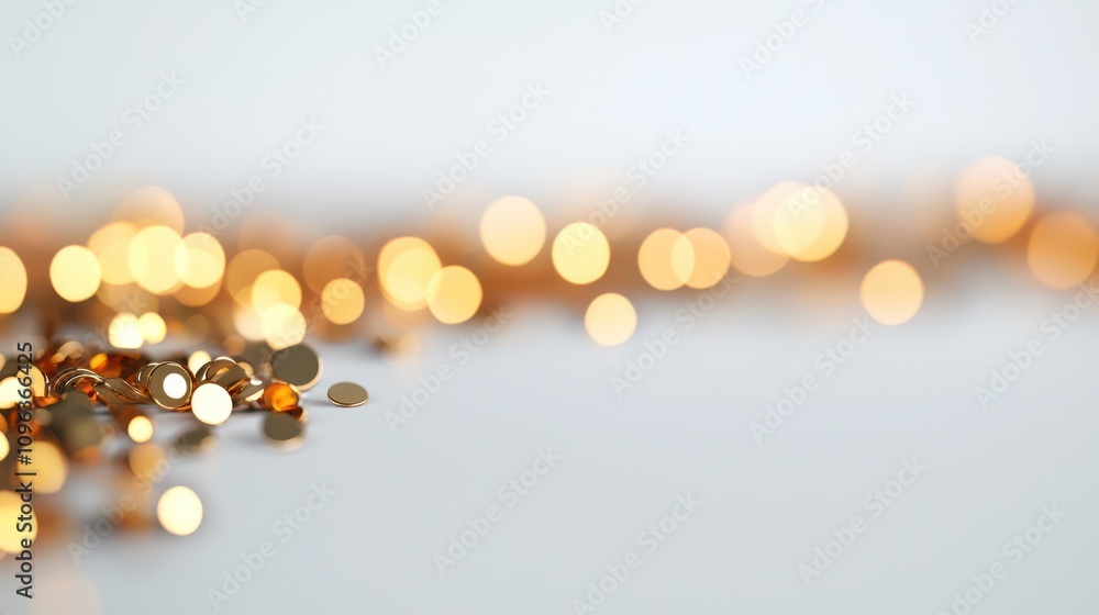 Poster a soft-focus image featuring shimmering golden bokeh lights against a light background, creating a d