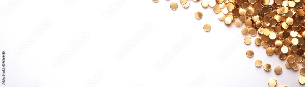 Poster a collection of shimmering gold sequins scattered across a white background, creating a festive and 