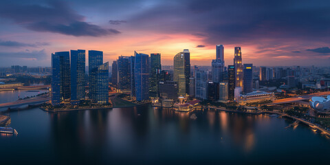 Fototapeta premium Modern City Skyline with Office Buildings and Drone View at Sunset