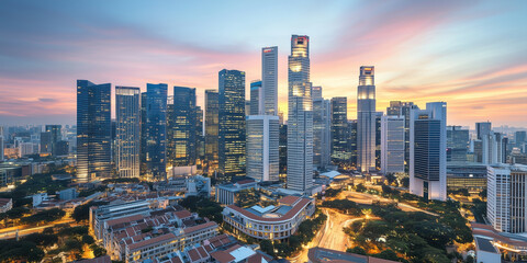 Obraz premium Modern City Skyline with Office Buildings and Drone View at Sunset