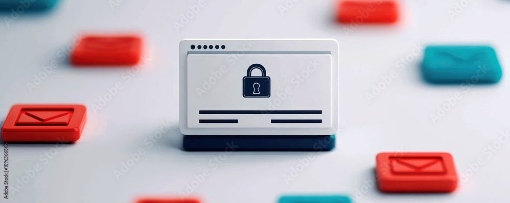 Poster a digital lock icon on a screen surrounded by colorful tokens, symbolizing online security and data 