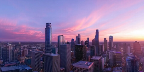 Fototapeta premium Modern City Skyline with Office Buildings and Drone View at Sunset