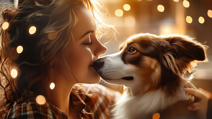 Banner of joyous woman bonding with dog amidst playful light bubbles in warm ambiance