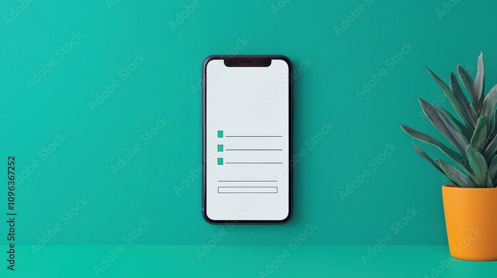 Poster a smartphone displaying a simple interface on a vibrant teal background, accompanied by a potted pla
