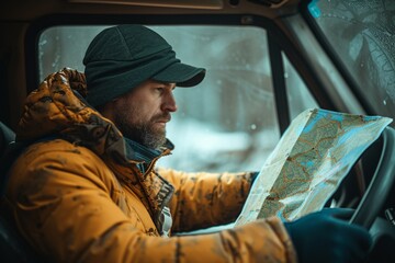 Concentrated man in an orange puffer jacket studies a map while driving in a wintry landscape, embodying the spirit of outdoor adventure.