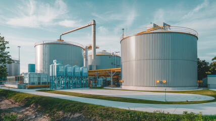 Obraz premium Large eco friendly biofuel plant with modern design and storage tanks, showcasing sustainable energy production. facility features advanced technology and clean environment