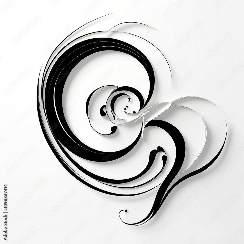 Poster swirling patterns create a mesmerizing dance of black and white shapes on white backdrop