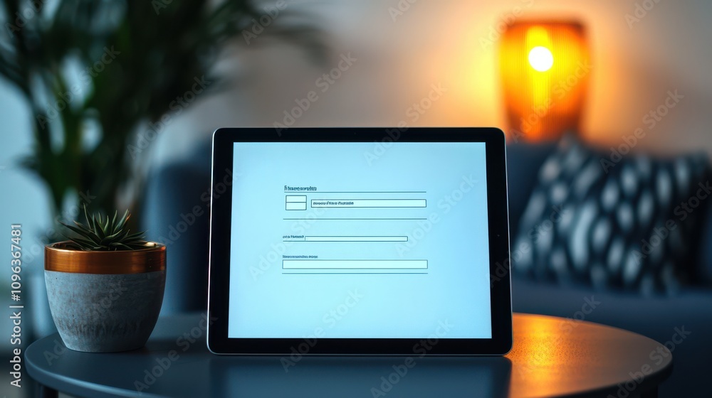 Poster a sleek tablet displaying a login screen, situated on a table near a plant and a warm lamp, creating