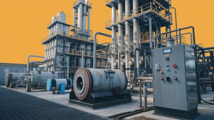 fuel processing plant with towering structures and industrial equipment, showcasing pipes and machinery against vibrant background