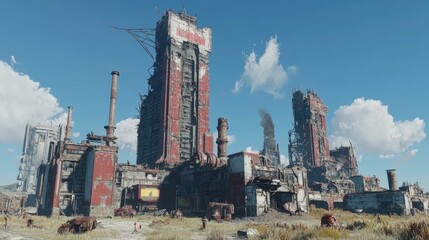 A desolate industrial landscape featuring towering, weathered structures against a clear sky.