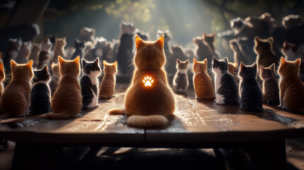 Banner with group of cats sitting on wooden table with one standing alone paw glowing under sunlight resembling leadership meeting unity ambiance