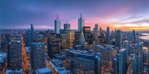 Fototapeta premium Modern City Skyline with Office Buildings and Drone View at Sunset